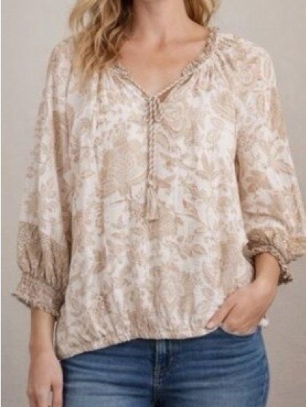 Liverpool Subtle Floral Print Peasant Blouse Top w. Elasticated Hem Beige - Sz L